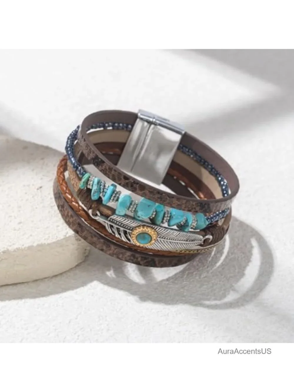 Genuine Turquoise Leather Wrap Cuff Bracelet Boho Feather Magnet